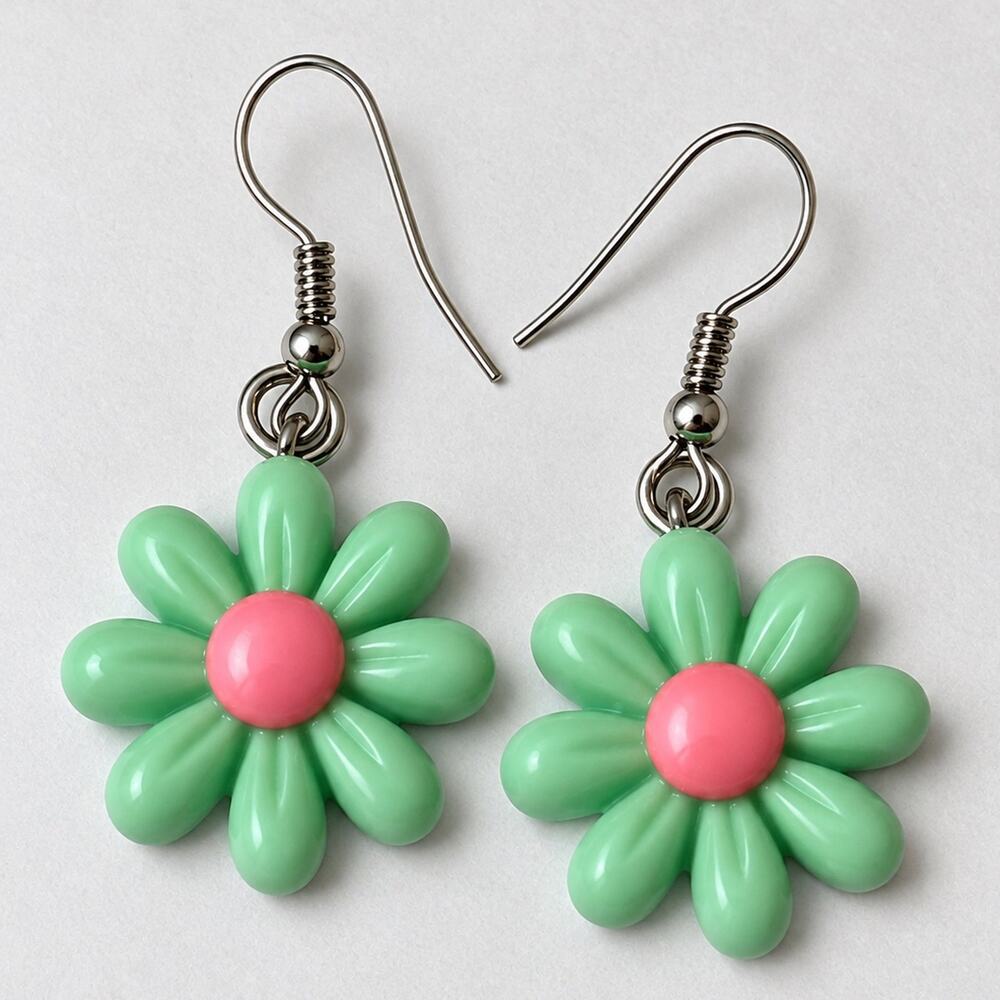Green Daisy Flower Dangle Earrings